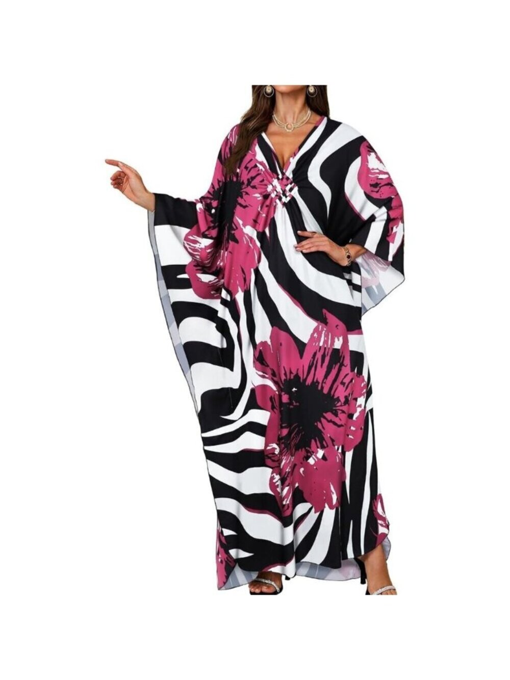 Women's Rosy Red Flower V-Neck Batwing Sleeves Smocked Waist Maxi Kaftan Dress
